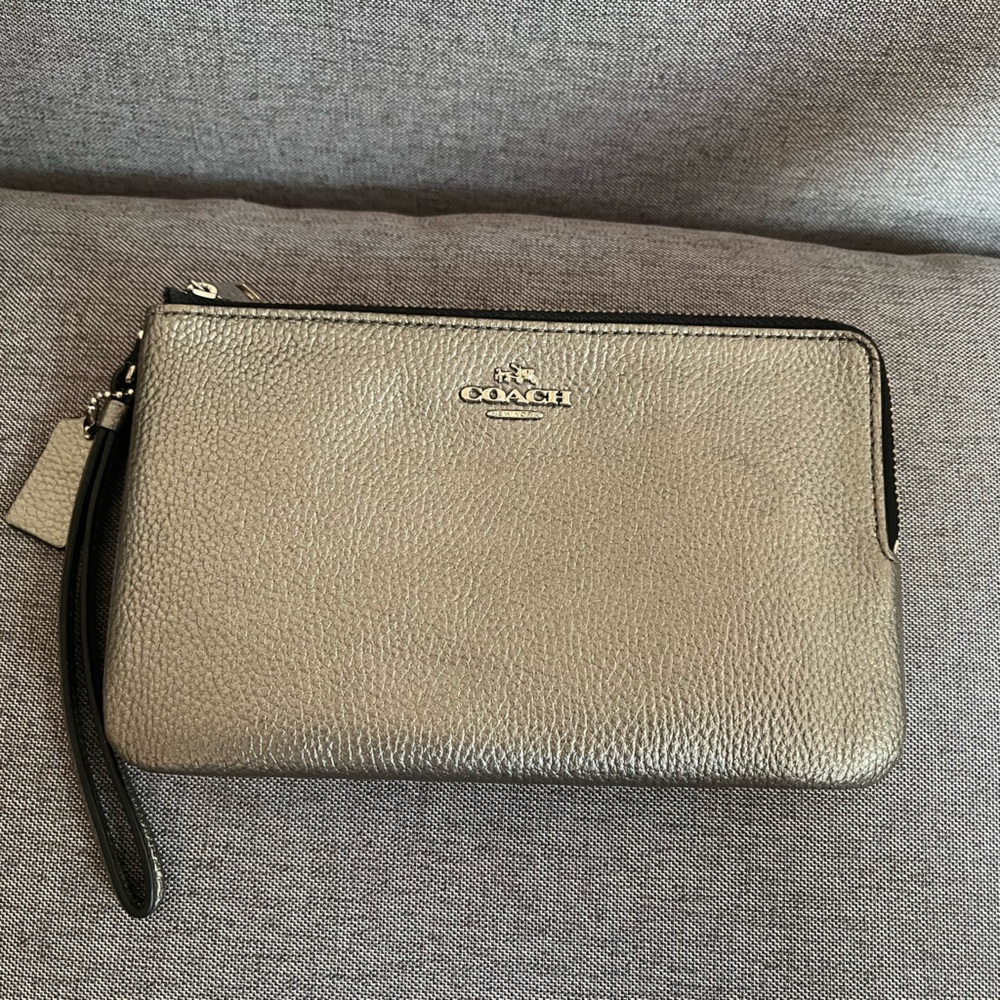 Coach Silver Metallic Double Zip Wristlet